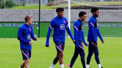 Left to right: England's James Ward-Prowse, Tyrone Mings, Joe Gomez and Trent Alexander-Arnold. Reuters