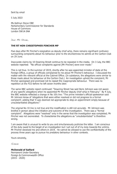 The letter sent by Lord McDonald to the Parliamentary Commissioner for Standards, Kathryn Stone, saying a claim by No 10 was 'not true'.