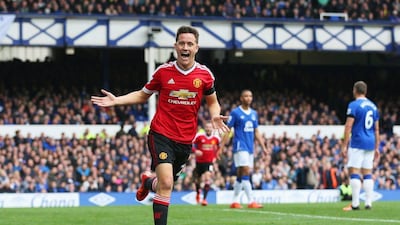 Manchester United’s Ander Herrera celebrates his goal on Saturday against Everton at Goodison Park. Chris Brunskill / Getty Images