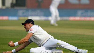 England's James Anderson takes a catch to dismiss Pakistan's Saud Shakeel. AFP