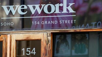 WeWork logo at the entrance to one of its office spaces in New York. AP