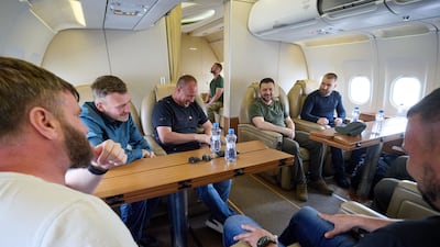 Ukraine's President Volodymyr Zelenskyy sitting in a plane with commanders of defenders of the Azovstal steel plant as they return to Ukraine from Istanbul. AFP