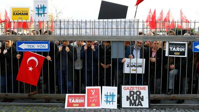 Supporters of the Gulen movement protest outside Zaman newspaper in Istanbul, Turkey, on 4 March 2016. EPA