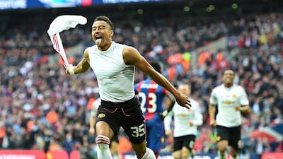 Manchester United's Jesse Lingard celebrates after scoring the winner against Crystal Palace in the FA Cup final on Saturday at Wembley. Andy Rain / EPA / May 21, 2016