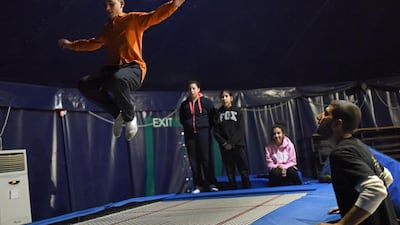 Majd Rafidi, 13 on the trampoline. Other activities include juggling balls, clubs, diabolo and scarfs; balancing on the Chinese pole or a tight wire; and pedalling on a unicycle.
