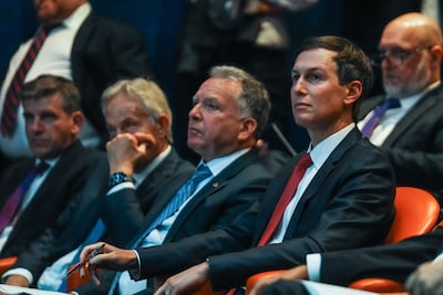 Sir Tony Blair, Steve Witkoff and Jared Kushner are among those watching a presentation during a Board of Peace briefing on the situation in Gaza, in New York City. Getty Images via AFP