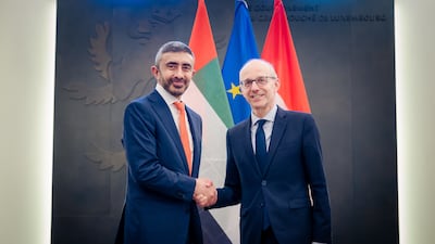 Sheikh Abdullah bin Zayed, Deputy Prime Minister and Minister of Foreign Affairs, with Luc Frieden, Prime Minister of Luxembourg. Wam