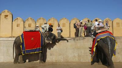 Foreign tourists get off elephants after riding them into the Amber fort near the city in Jaipur. Andrew Caballero-Reynolds / AFP