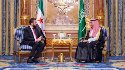 Ahmad Al Shara, left, with Crown Prince Mohammed bin Salman in Jeddah. Photo: SPA
