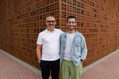 Mohammed Hafiz, left, co-founder of Athr Gallery, with Ali Al-Ghazzawi, creative opportunities lead at the Royal Commission for AlUla. Photo: RCU