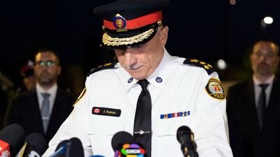 Toronto Police chief James Ramer speaks to the media at the scene of the shooting in Mississauga.