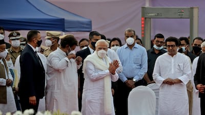 Prime Minister Narendra Modi arrives to pay his respects to Indian singer Lata Mangeshkar during her funeral at Shivaji Park in Mumbai, India on February 6, 2022. Reuters