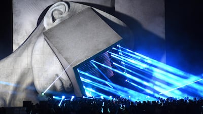 The Iicon stage is lit up at the Block9 area at the Glastonbury Festival in Pilton, Britain. EPA