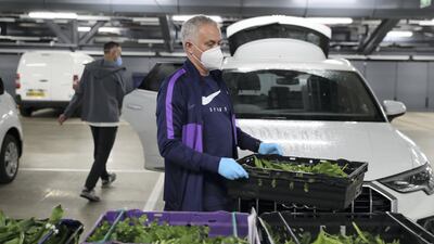 Tottenham manager Jose Mourinho delivers food produce from the Training Centre to the stadium food hub to aid the efforts against Covid-19 in Haringey, London. Getty