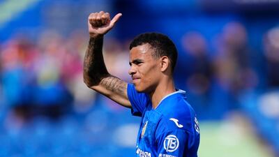 Getafe's Mason Greenwood waves to fans at the end of the match. AP