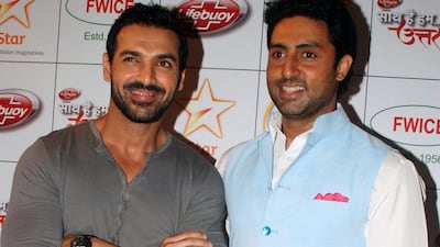 Bollywood actors John Abraham, left, and Abhishek Bachchan will star in Feroz Nadiadwala’s Hera Pheri 3. AFP photo