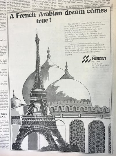 An advert for Le Meridien hotel in Abu Dhabi. Appeared in Emirates News newspaper, February 1979. John Dennehy / The National