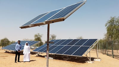 Solar panels in the Khab Al Dhas forest in the Western Region. Christopher Pike / The National
