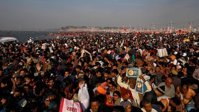 Devotees arrive to take a dip during the first 'Shahi Snan' (grand bath) at 'Kumbh Mela' or the Pitcher Festival, in Prayagraj, previously known as Allahabad, India, January 15, 2019. REUTERS/Danish Siddiqui