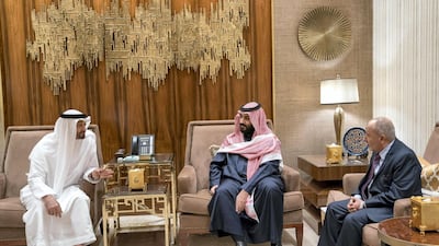 Sheikh Mohamed bin Zayed, Crown Prince of Abu Dhabi and Deputy Supreme Commander of the UAE Armed Forces meets with Saudi Crown Prince Mohamed bin Salman (C) and Al Islah chairman Colonel Mohammed Abdullah Al Yidoumi (R) in Riyadh on December 13, 2017. Mohamed Al Hammadi / Crown Prince Court - Abu Dhabi