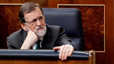 Spanish Prime Minister, Mariano Rajoy, reacts during the no-confidence motion vote against him at the Parliament, in Madrid, Spain, 31 May 2018. EPA/JAVIER LIZON