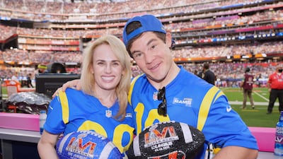 Rebel Wilson and Adam Devine attend the pre-game for Super Bowl LVI. Getty Images