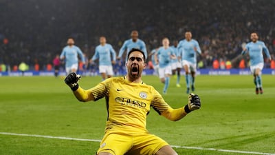 Manchester City's Claudio Bravo celebrates after winning the penalty shoot-out against Leicester City in the League Cup quarter-finals in December 2017. The Chilean has been manager Pep Guardiola's preferred choice for English cup games this season and Guardiola confirmed Bravo will start in goal for the League Cup final against Arsenal at Wembley. Darren Staples / Reuters