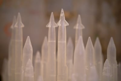 Handle with Care features 300 translucent resin replicas of munitions and missiles researched by Nafaa. Photo: Hugo Delgado