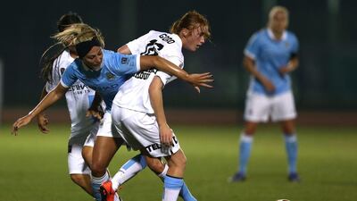Toni Duggan of Manchester City Women’s FC is tackled by Beatice Goad of Melbourne City Women’s FC during the Fatima Bint Mubarak Ladies Sports Academy Challenge between Melbourne City Women and Manchester City Women at New York University Abu Dhabi Campus on February 17, 2016 in Abu Dhabi, United Arab Emirates. Warren Little/Getty Images
