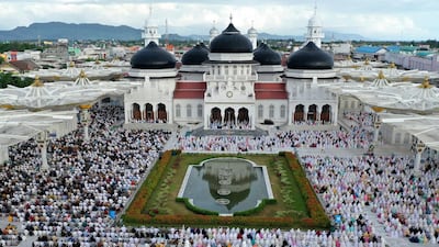 Muslims performing during an Eid Al Fitr prayer at Baiturrahman Grand Mosque in Banda Aceh in Indonesia. AP Photo