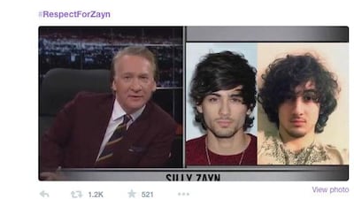 A screen shot from Twitter showing one fan’s reaction to Bill Maher’s comments comparing Zayn Malik to Dzhokhar Tsarnaev, the man accused of being the Boston Marathon bomber.