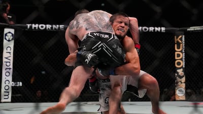 Umar Nurmagomedov attempts one of his many takedowns against Cory Sandhagen at UFC Fight Night in Abu Dhabi.