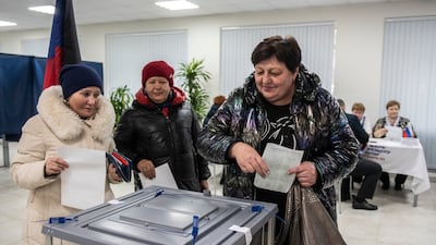 Women vote at a polling station in the Russian-controlled Donetsk region of Ukraine. AP
