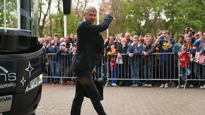 Arsenal manager Arsene Wenger waves to supporters as his side arrived at Hull on Monday for their Premier League match. Alex Livesey / Getty Images / May 4, 2015