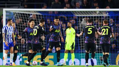 Cristian Romero celebrates his lucky goal for Spurs. Getty