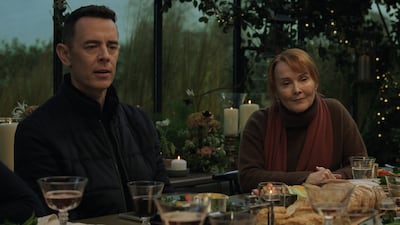 Colin Hanks as Per Stensen, left, and Laura Innes as senator Rosalind Thurman. Photo: Apple TV