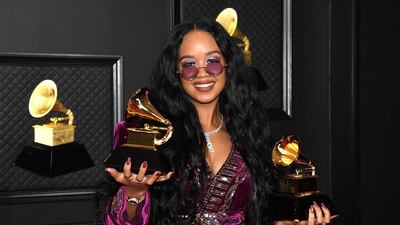 HER winner of the Best R&B Song award for 'Better Than I Imagined' and the Song of the Year award for 'I Can't Breathe' poses in the media room during the 63rd Annual Grammy Awards at Los Angeles Convention Center. AFP