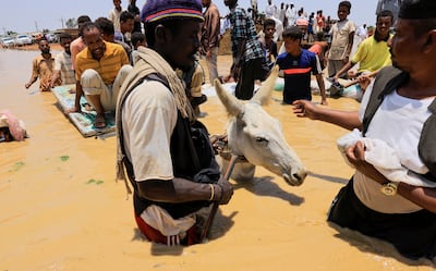 Residents and their animals walk through flood water in Al Managil area in Sudan's Al Jazeerah State. Reuters.
