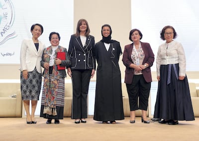 From left to right: Reverend Kosho Niwano, Reverend Marie Sol Villalon, Dr Nabila Makram, Noura Al Kaabi, Dr Fadia Kiwan and Dr Grace Chung Lee at a panel discussion on the principles of human fraternity at the Global Conference of Human Fraternity. Chris Whiteoak / The National