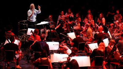 Nicholas Dodd conducts the Albert's Orchestra during a dress rehearsal of the 150th Anniversary Concert: David Arnold's 'A Circle of Sound', at the Royal Albert Hall in London, Britain, July 19, 2021