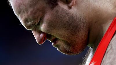 Tervel Ivaylov Dlagnev, of the United States, reacts after a semi-final loss to Komeil Nemat Ghasemi, of Iran, in a 125kg freestyle wrestling match at the 2016 Summer Olympics in Rio de Janeiro, Brazil, Saturday, August 20, 2016. Robert F Bukaty / AP Photo