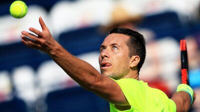 Philipp Kohlschreiber of Germany in action against Gilles Muller of Luxembourg during their first round match at the Dubai Duty Free Tennis ATP Championships in Dubai, United Arab Emirates, 27 February 2017. EPA