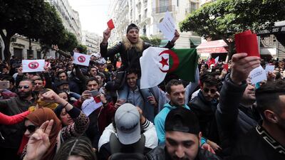 Algerian protesters chant slogans during a protest against the fifth term of Abdelaziz Bouteflika in Algiers. EPA