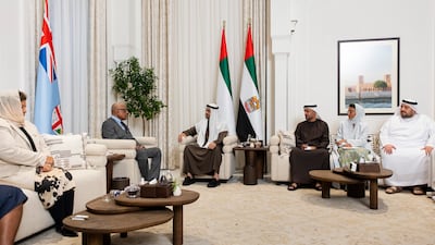 Sheikh Mohamed and Mr Lalabalavu with Sheikh Mohamed bin Hamad, Adviser to the President, Noura bint Mohamed, UAE Minister of State and Mohamed Hassan Alsuwaidi, UAE Minister of Investment