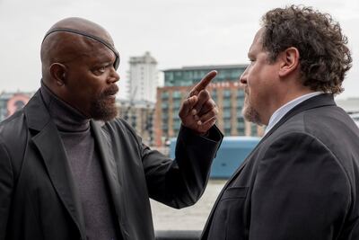 Samuel L Jackson and Jon Favreau in a scene from 'Spider-Man: Far From Home.' AP.