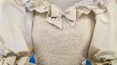 A detailed shot of the wedding dress, which then-Lady Diana Spencer wore to marry Prince Charles at St Paul's Cathedral, London, on July 29, 1981. Getty Images