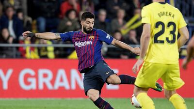 Barcelona's Luis Suarez shoots to score the fourth goal. EPA
