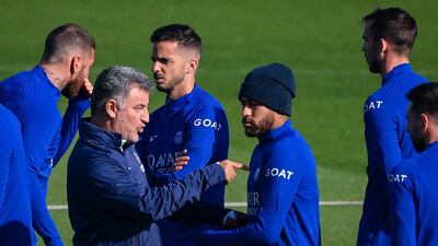 Paris Saint-Germain manager Christophe Galtier talks to Neymar during training on Tuesday. AFP