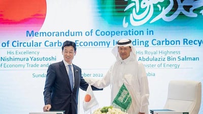 Prince Abdulaziz bin Salman, Saudi Arabia's Minister of Energy, and Nishimura Yasutoshi, Japan's Minister of Economy, Trade and Industry, in Riyadh. Photo: SPA
