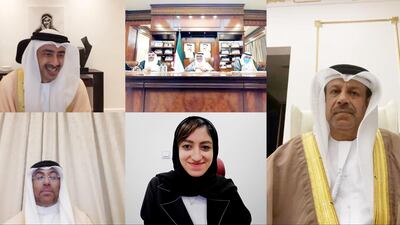 Sheikh Abdullah bin Zayed (top left), UAE Minister of Foreign Affairs and International Co-operation, co-chaired the UAE-Kuwait Joint Committee’s virtual meeting on Thursday. Courtesy: Wam